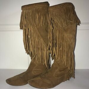 Sam Edelman Utah Brown Suede Fringe Moccasin Boots Mid-Calf Pull On Women’s 9